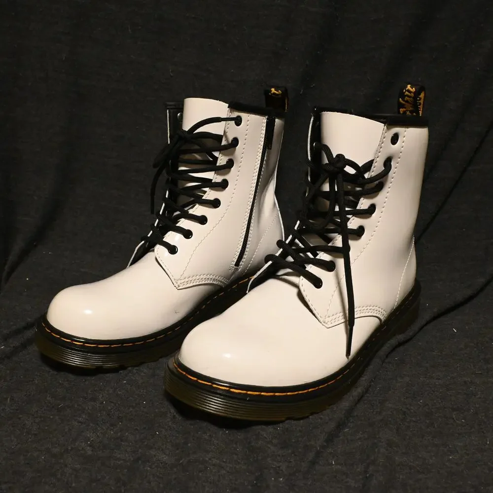 Dr. Martens Youth 5 (Women's 6) White Leather Combat Boots Lace Side Zip 1460Y